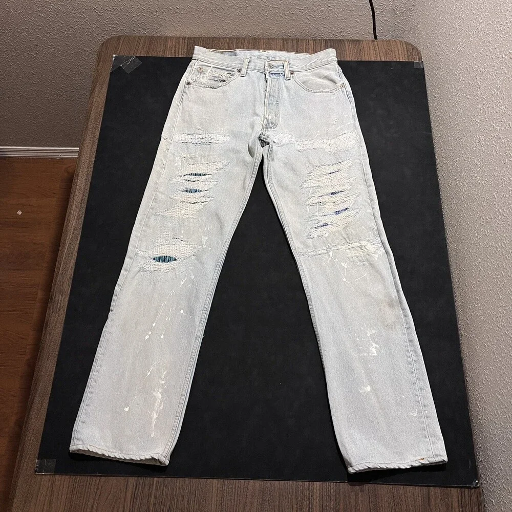 Levis 501 Jeans Sashiko Flannel Double Knee Thrash Vintage Levi USA 1990s 30x30